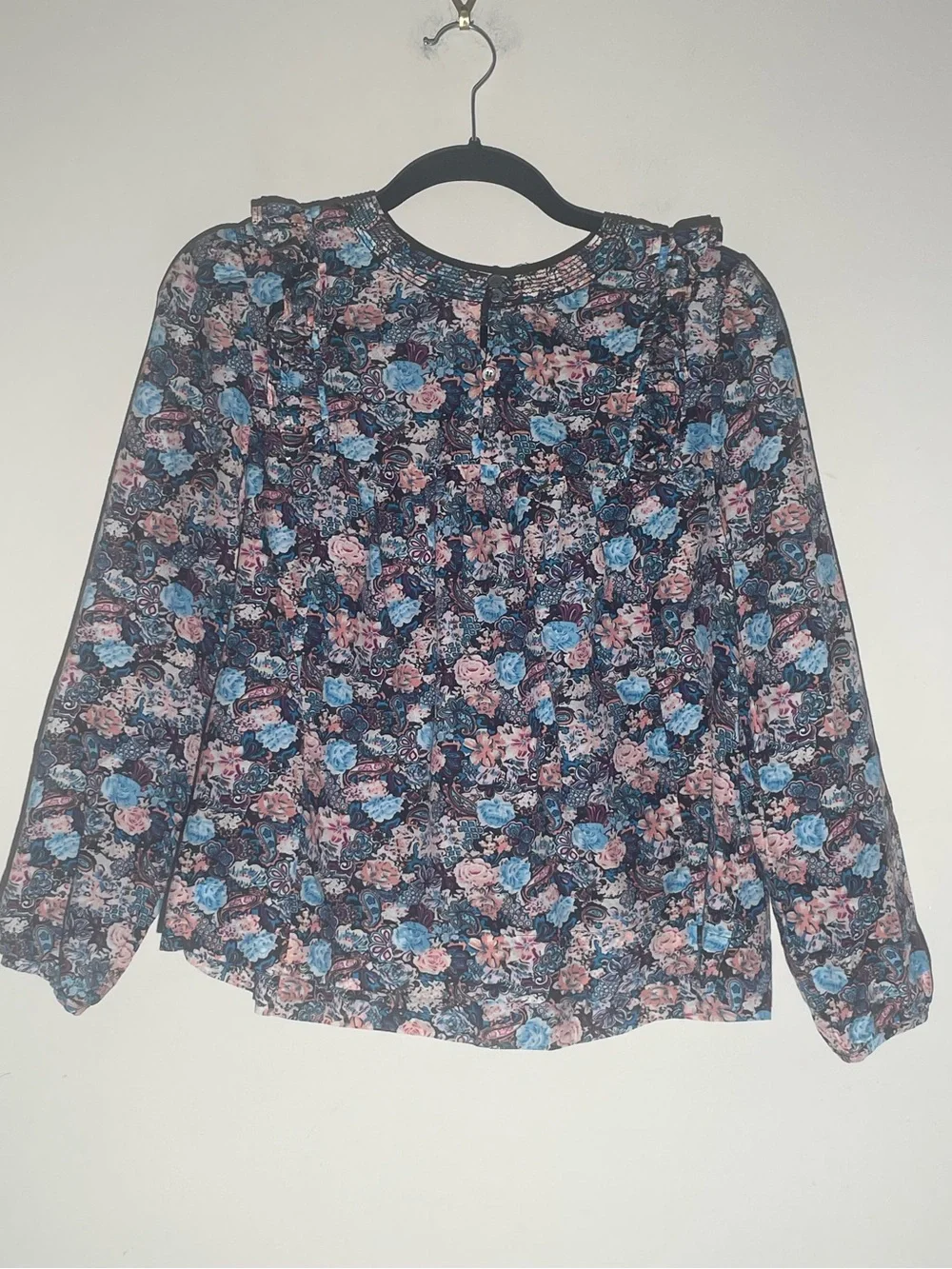 J Crew Ruffle Top Sz M Long Sleeve Blue Pink Paisley Floral Cotton Silk Bohemian